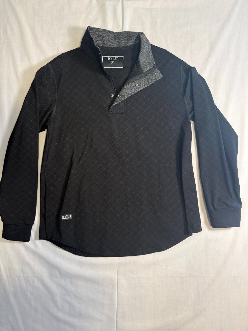 BYLT Premium Basics Mens Large Black Grid Snap Neck Pullover Long Sleeve Top L